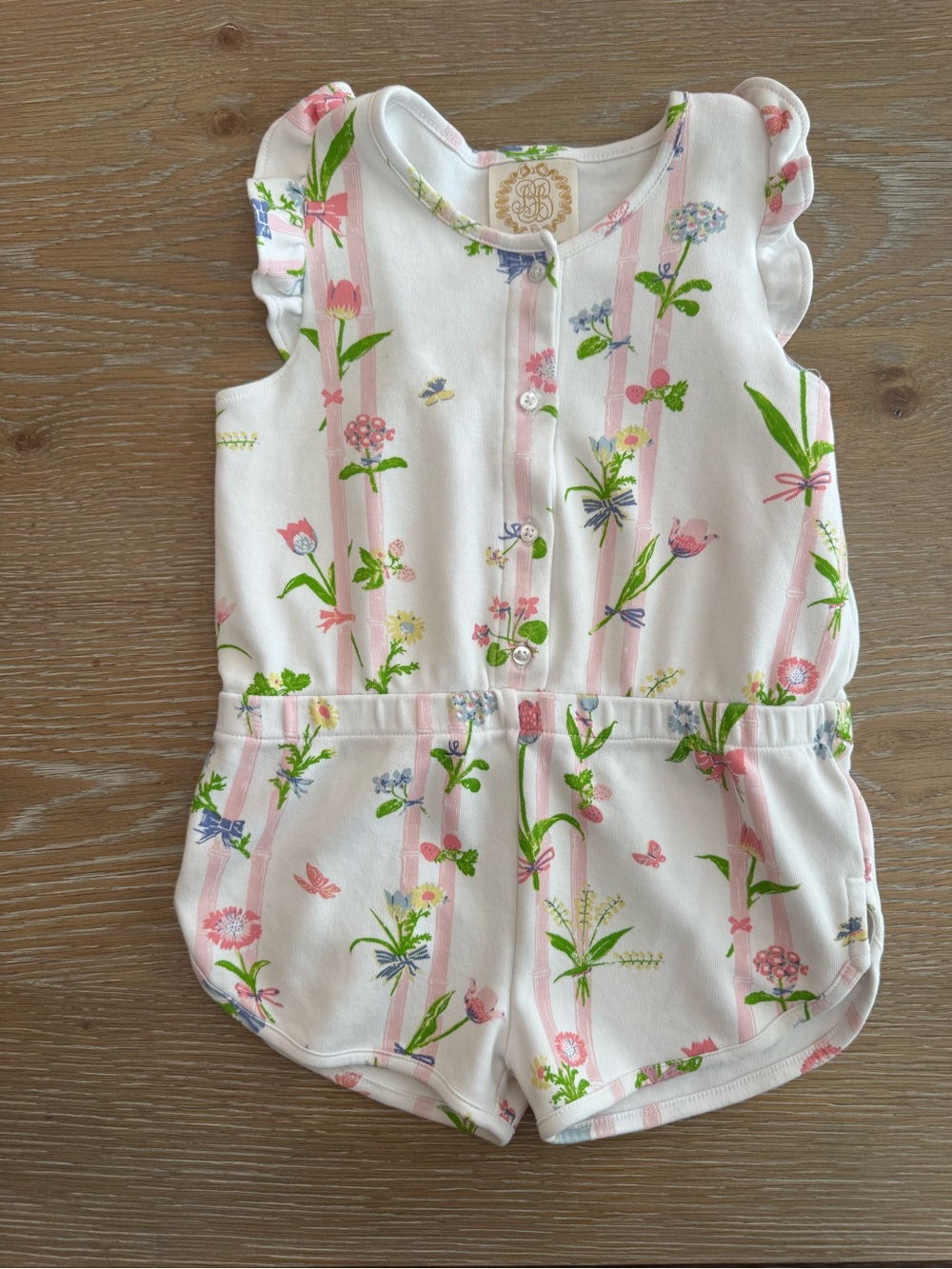The Beaufort Bonnet Company White Romper with Pink & Green Floral Stripes